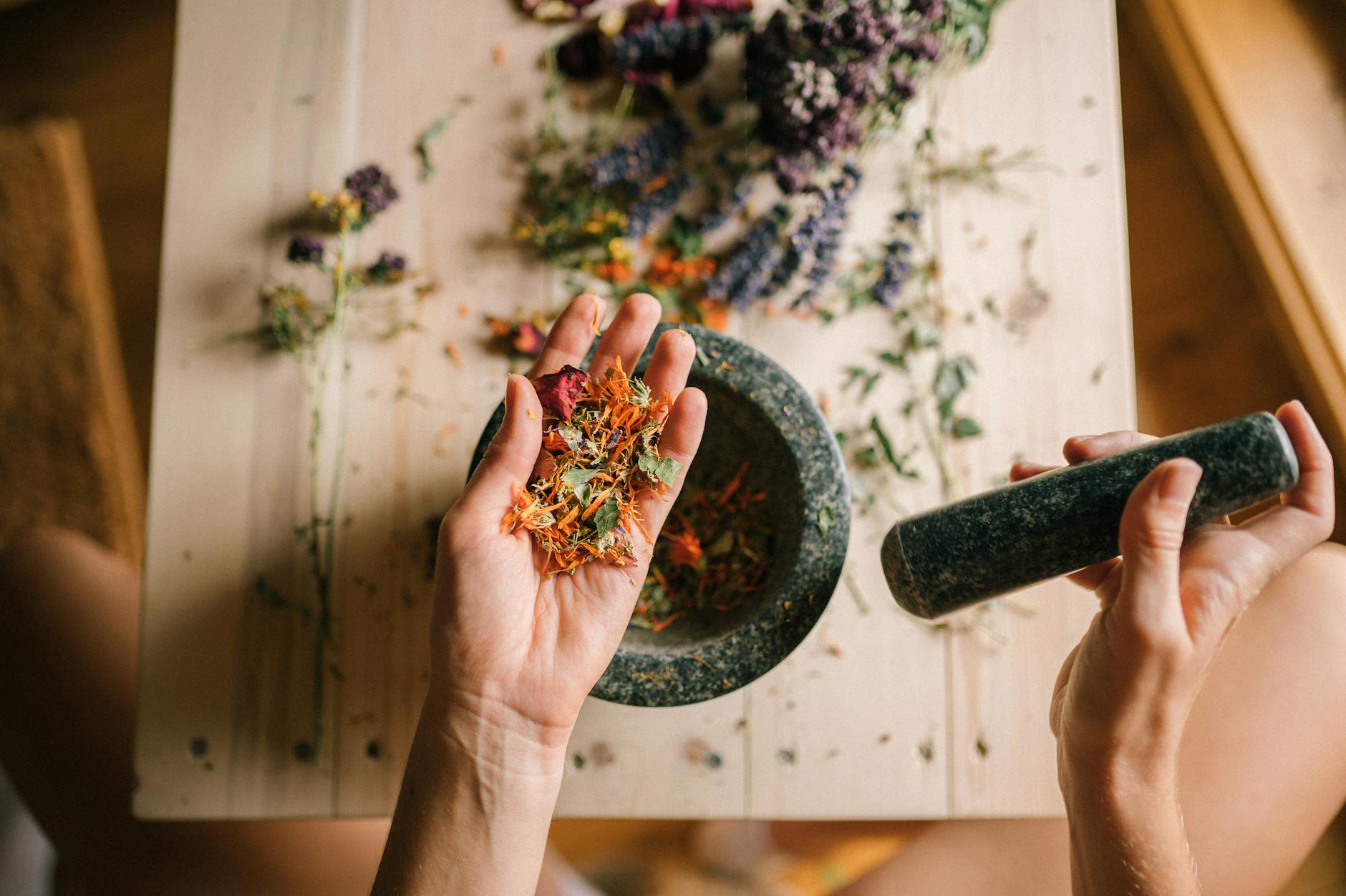 Hands grinding dried herbs with a mortar and pestle, perfect for holistic medicine and aromatherapy. (Photo by Yan Krukau on Pexels)