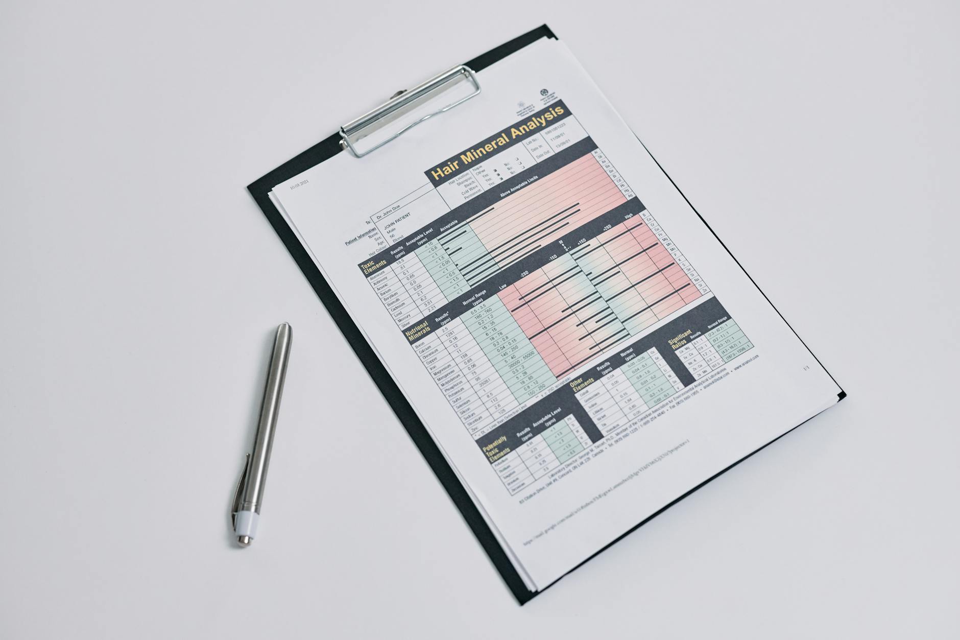 A hair mineral analysis form on a clipboard with a silver pen on a white background. (Photo by cottonbro studio on Pexels)