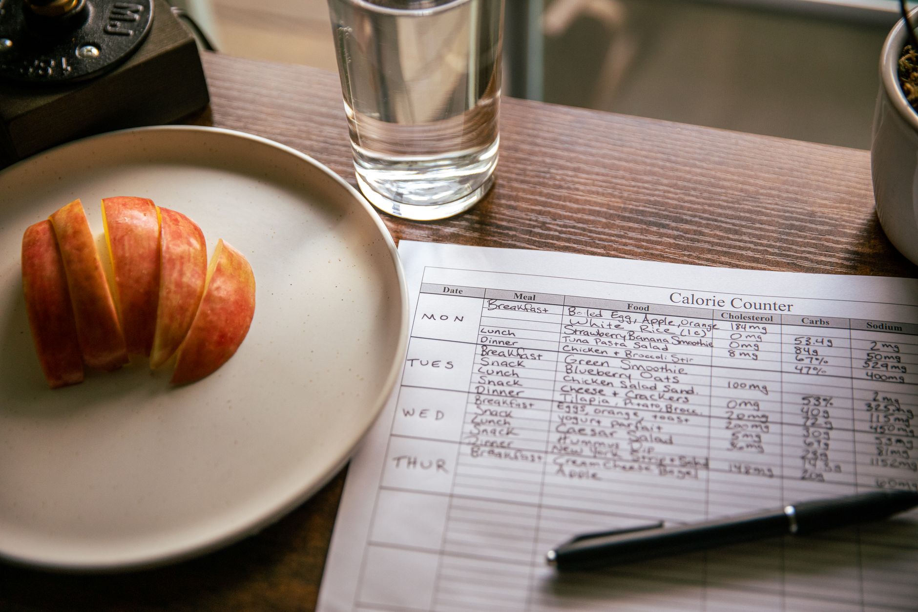 A table setup with apple slices, a calorie counting sheet, and a glass of water for a dieting scene. (Photo by Spencer Stone on Pexels)